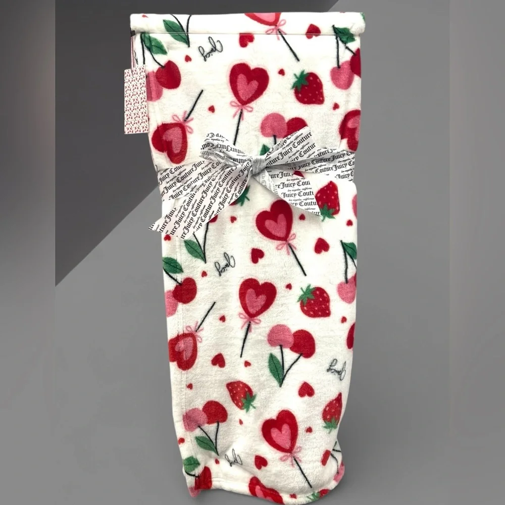 Juicy Couture Plush Throw White w/ Pink Red Hearts Cherries Strawberries NEW NWT